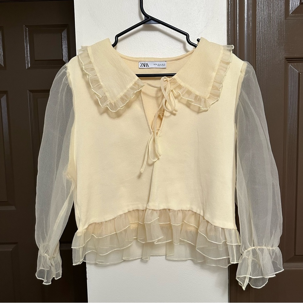 Zara half knit/ half organza blouse in butter yellow